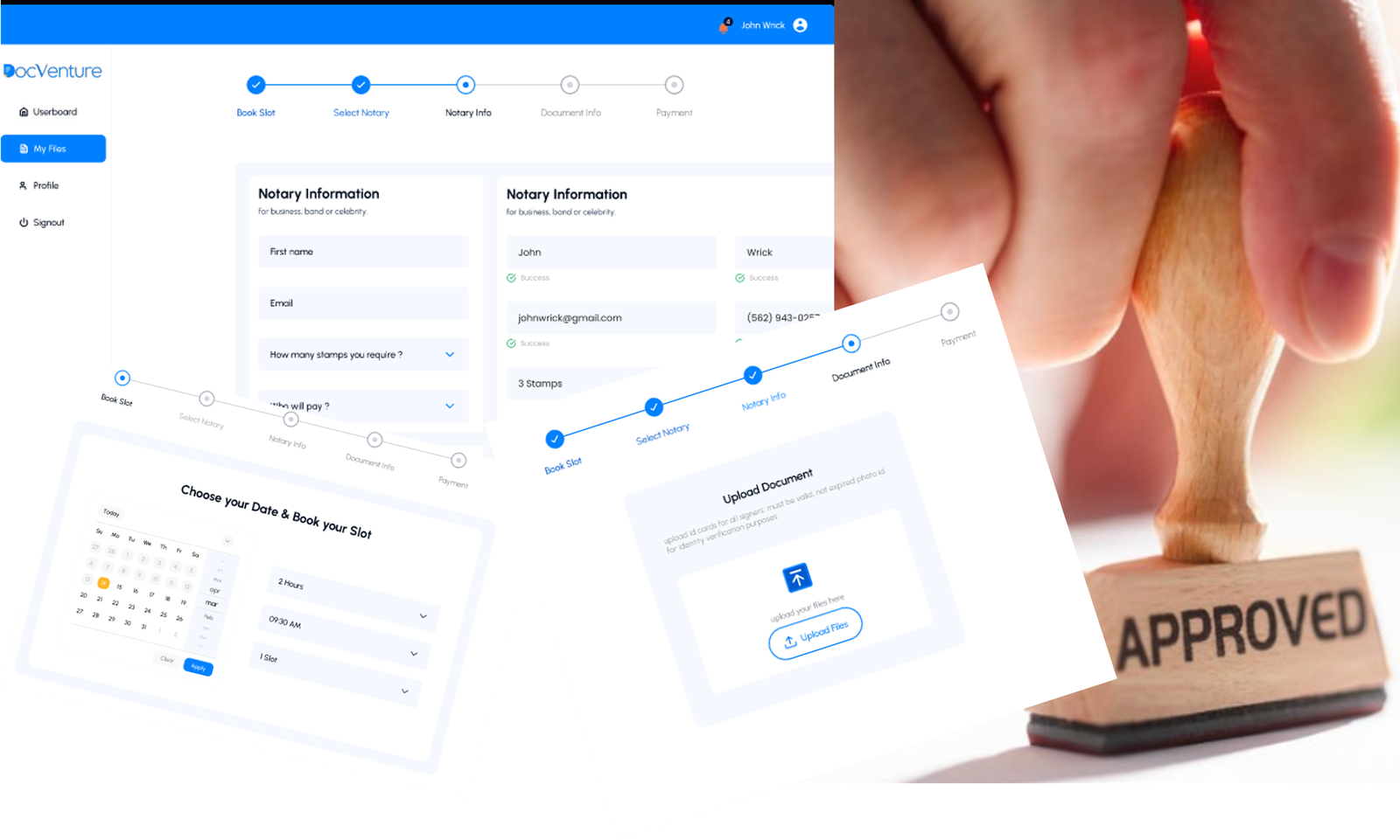 DocVenture remote online notarization workflow with notary selection and document upload